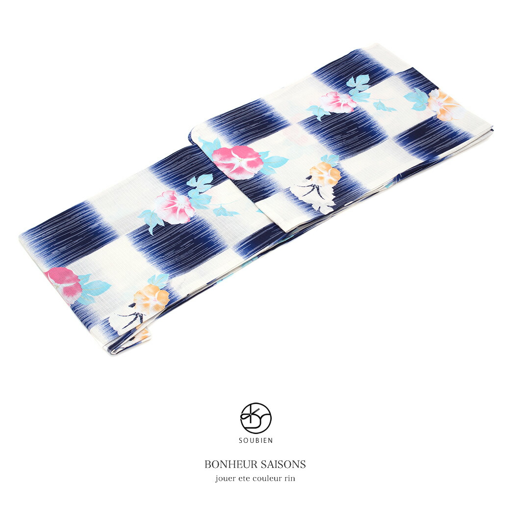 【この夏だけのご優待】浴衣関連商品50%OFF 浴衣 レディース bonheur saisons ボヌールセゾン 紺色 ネイビー 藍 白 市松 朝顔 アサガオ ラメ 綿 紅梅織り 夏祭り 花火大会 女性用 仕立て上がり フリー【期間限定クーポン】|きもの館 創美苑