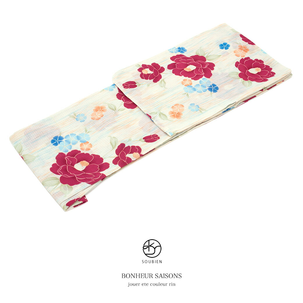 【この夏だけのご優待】浴衣関連商品50%OFF 浴衣 レディース bonheur saisons ボヌールセゾン 生成り色 アイボリー カラフル 赤 青 椿 花 桜草 雨縞 ラメ 綿 紅梅織り 夏祭り 花火大会 女性用 仕立て上がり フリー【期間限定クーポン】|きもの館 創美苑