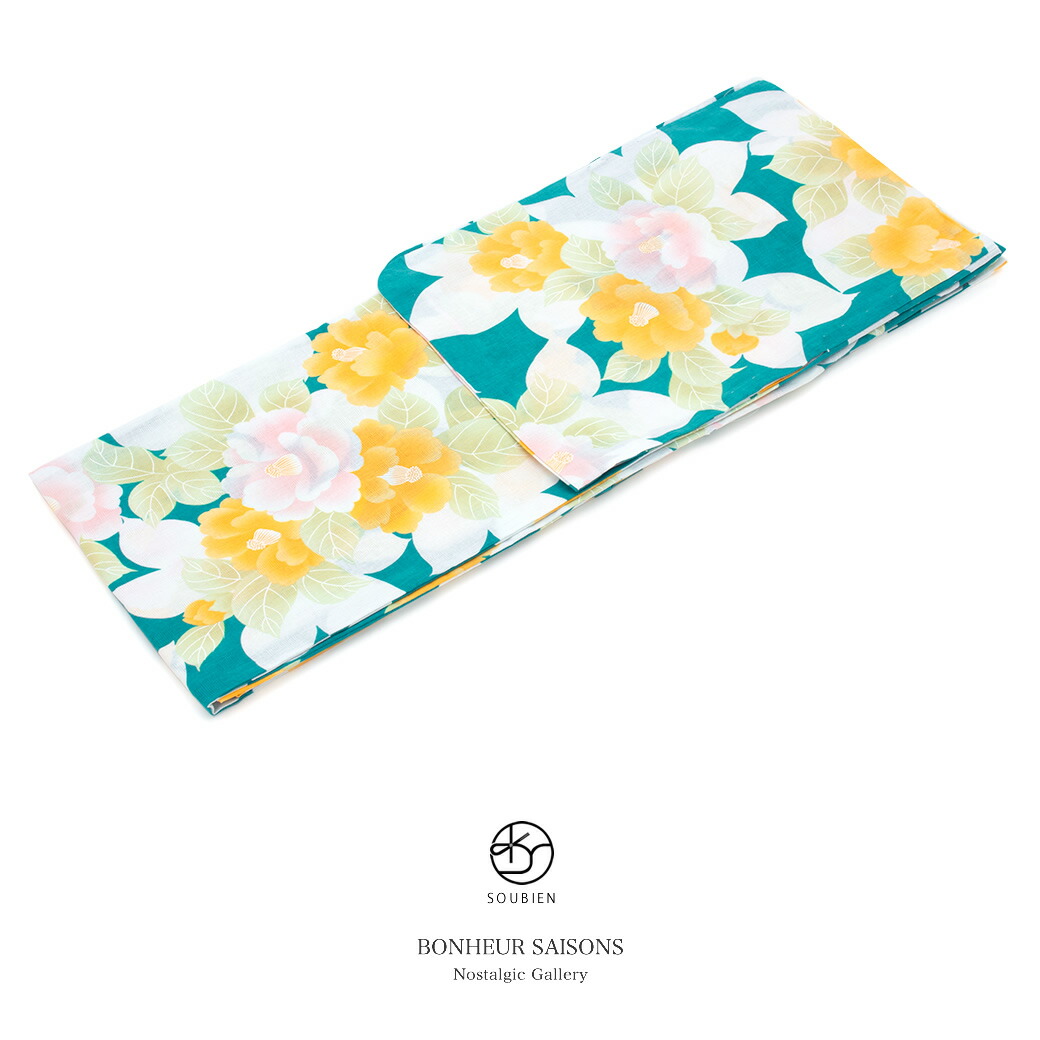 【この夏だけのご優待】浴衣関連商品50％OFF 浴衣 レディース bonheur saisons ボヌールセゾン 青緑色 エメラルドグリーン 白 黄色 椿 花 手捺染 手縫い 綿麻 夏祭り 花火大会 女性用 仕立て上がり フリー 送料無料【期間限定クーポン】｜きもの館　創美苑 19,880円