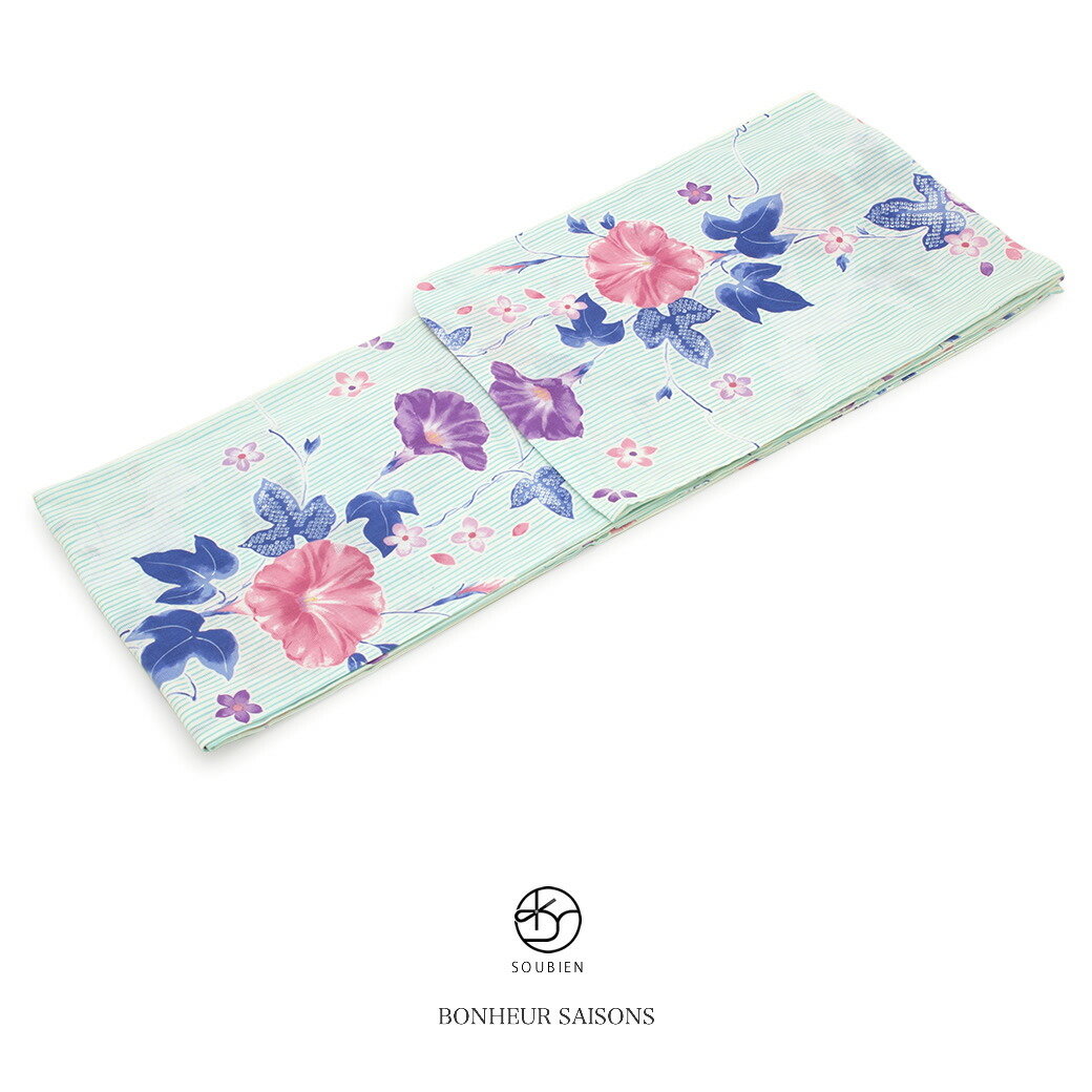 【50％OFF】浴衣 レディース bonheur saisons ボヌールセゾン 水色 ブルー アイボリー 青 朝顔 花 縞 ラメ 綿 夏祭り 花火大会 女性用 仕立て上がり フリー 送料無料【18周年記念クーポン配布中】