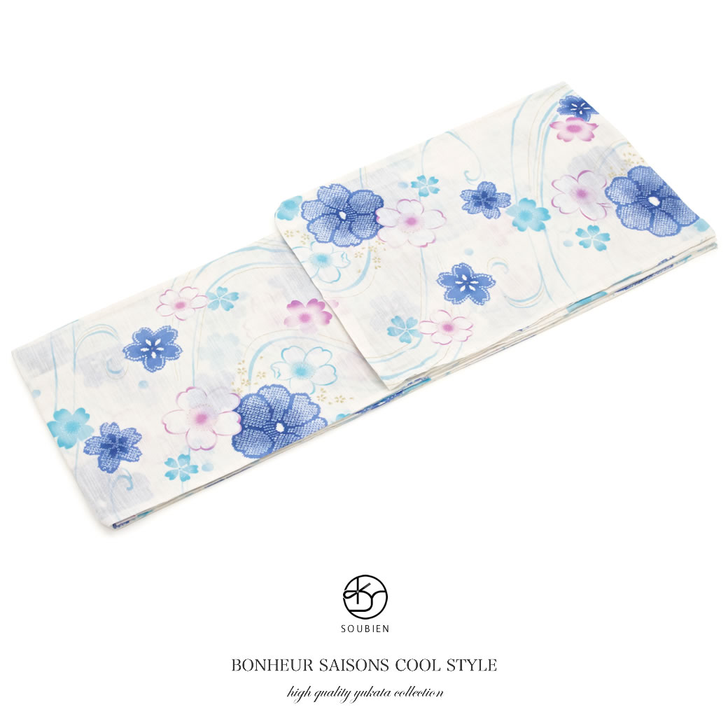 【50％OFF】浴衣 レディース bonheur saisons ボヌールセゾン 白 オフホワイト 青 ブルー 薄紫 椿 桜 綿 ラメ 夏祭り 花火大会 女性用 仕立て上がり S フリー 送料無料【18周年記念クーポン配布中】