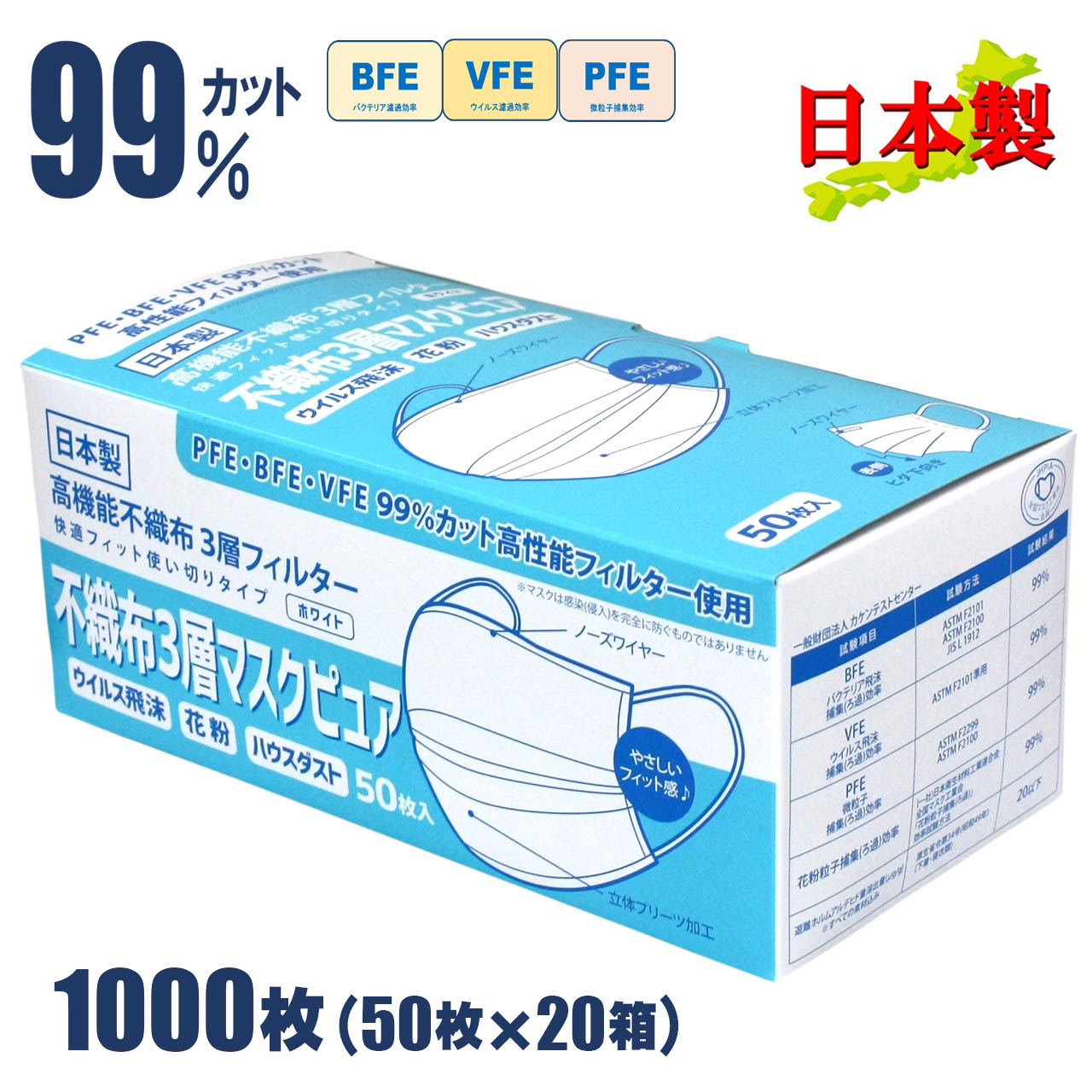 山陽物産 不織布マスク ピュア 1000枚 日本製 柔らか ノーズワイヤー 曇らない 呼吸しやすい 3層 売れ筋　店舗様、施設様、企業様に 高機能 高品質 使い捨て 花粉 99％カット 日本製 大量 まとめ買い 50枚入×20箱