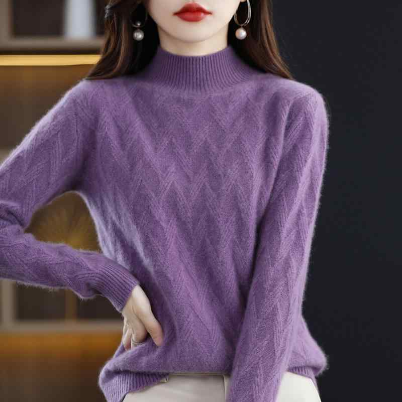 ニット レディース 秋冬 上質ウール モックネック 透かし編み 長袖 厚手 プルオーバー ゆったり リラックスフィット きれいめ カジュアル トップス