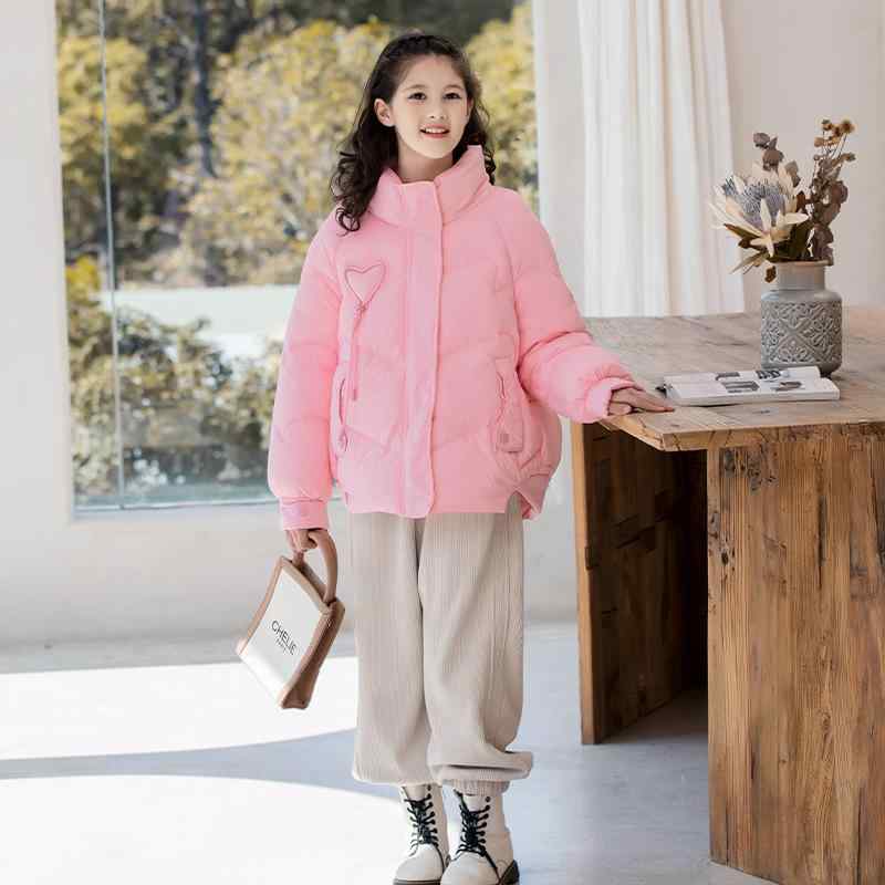 ダウンジャケット キッズ 女の子 子供用 90% 白ダックダウン 秋冬 防寒 保温 暖かい ショート丈 ゆったり フードなし ジップアップ 無地 カジュアル アウター ベージュ ピンク ブラック