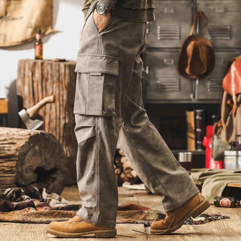 ワークパンツ メンズ アメリカンヴィンテージ アメカジ コーデュロイ 肉厚 秋冬 ワイド ストレート ロング丈 微ストレッチ イージーケア ポリエステル カジュアル 普段使い ライトグレー ブラウン ブラック
