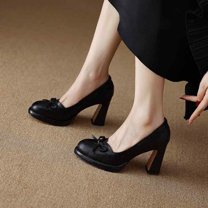 パンプス レディース 9浪花節的踵 太踵 厚底 プラットホーム 甲浅 ラウンドトゥ シープスキン 本革 黒いこと ブドウ酒赤いこと 幽々たる赤銅色 事務室 心地よい 普段使い走り 通い お出かけ その他-日用品雑貨・文房具・手芸