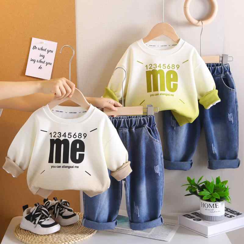 キッズ 男の子 ベビー セットアップ 2点セット プルオーバー 長袖 デニムパンツ ラウンドネック 配色切り替え 綿95% コットン 春秋 普段着 カジュアル ブラック グリーン