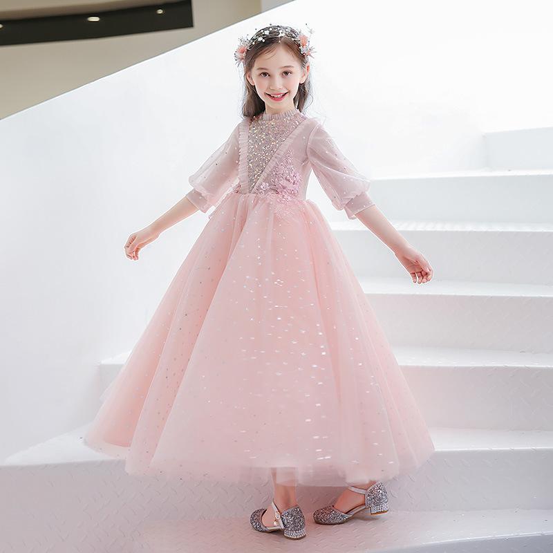ドレス 女の子 ピンク プリンセス 誕生日 発表会 ピアノ演奏会 結婚式 フラワーガール フォーマル 上品 エレガント チュール ボリューム キッズ ポリエステル ロング ショート