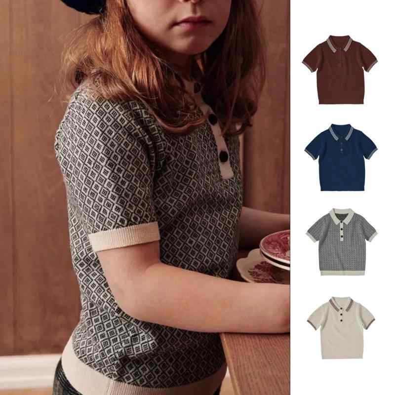 Tシャツ キッズ 女の子 学院風 ポロ襟 配色切り替え レトロ ニット 半袖 綿素材 カジュアル おしゃれ 通学 普段使い 春夏