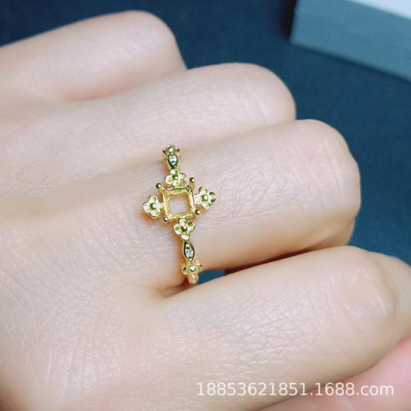 指輪 女性用 シンプル S925 シルバー 18K ホワイトゴールド ローズゴールド ゴールドカラー プレート スクエア 3-6mm対応 空枠 裸石用 フリーサイズ 韓国スタイル 上品