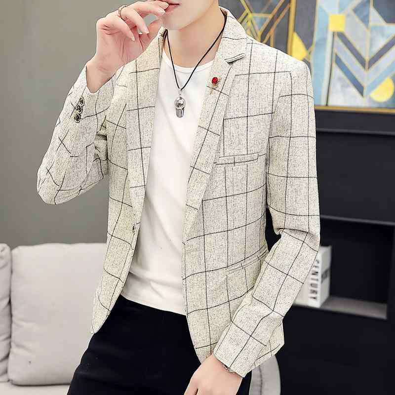 ジャケット メンズ 男性用 春秋 チェック柄 グレンチェック スリムフィット 韓国風 ビジネス オフィス 通勤 カジュアル フォーマル 結婚式 セレモニーパーティー ノーアイロン シワになりにくい ポリエステル グレー ブラック オフホワイト