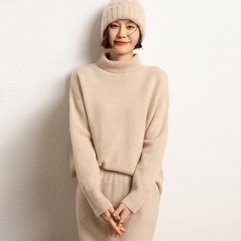 セーター レディース ニット プルオーバー ハイネック タートルネック 肉厚 保温 ゆったり オーバーサイズ カシミヤ ウールブレンド レッド 赤色 無地 秋冬