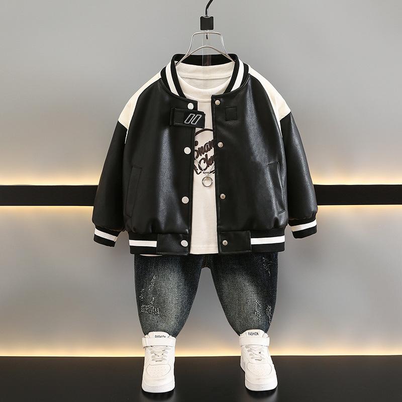 アウター キッズ 男の子 春秋 韓国風 おしゃれ 切り替えデザイン フェイクレザー スタジャン レザージャケット ジップアップ かっこいい 普段使い 通園 お出かけ ブラック