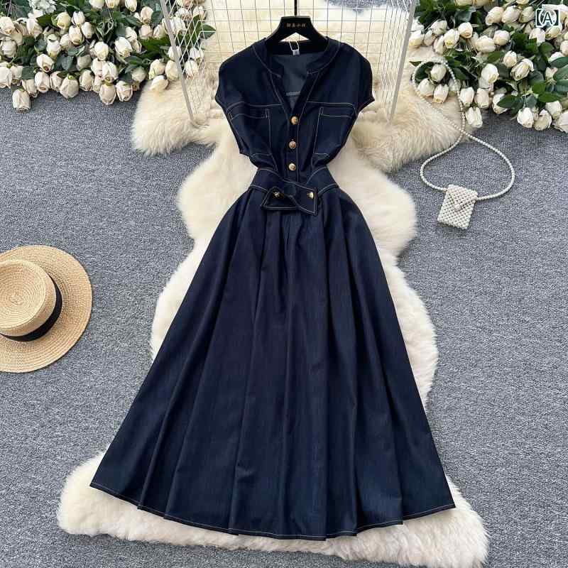 ワンピース レディース 春夏 宮廷風 レトロ エレガント 上品 スタンドカラー ハイウエスト ウエストマーク プリント 花柄 半袖 シングルブレストボタン Aライン ロング丈 ダークブルー