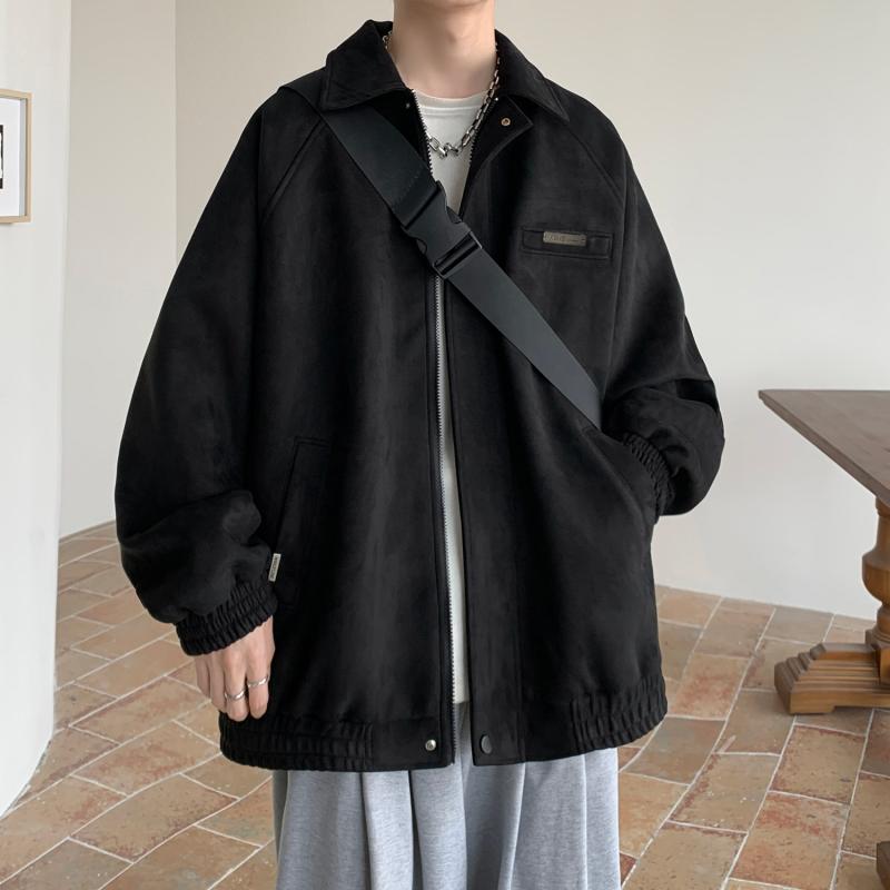 ジャケット メンズ 秋冬 スエード調 アウター 高級感 ゆったり ルーズ オーバーサイズ ストリート カジュアル おしゃれ テーラード 襟付き ジップアップ 男性用 普段使い デイリーユース 無地 ポリエステル