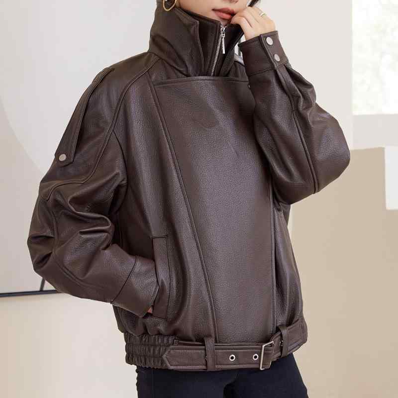 レザージャケット レディース 本革 羊革 高級感 欧米風 ストリートファッション トレンド おしゃれ ライダース ビッグシルエット オーバーサイズ ダブルカラー ジップアップ アウター サドルブラウン ブラック 秋冬|ふんわり暮らし鞄店