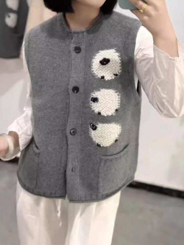 編み物 レディース ジレー 花の冠yd風 限りない 縛 羊柄 三匹 子ヒツジ 刺しゅう 羊毛 カシミール肌ざわり ふんわり もの柔らか 重厚感 若押し出し エイジレス 労働者の一団素っ首 丸首 ゆったり ルーズシルエット 成年者心地好い 窈窕たる 秋冬 薄墨色 ア