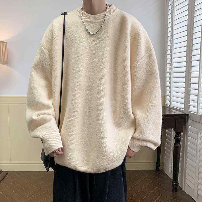 ニット メンズ 秋冬 裏起毛 厚手 ポリエステル クルーネック オーバーサイズ リラックス 高級感 レトロ 日系 インナー 普段使い カジュアル