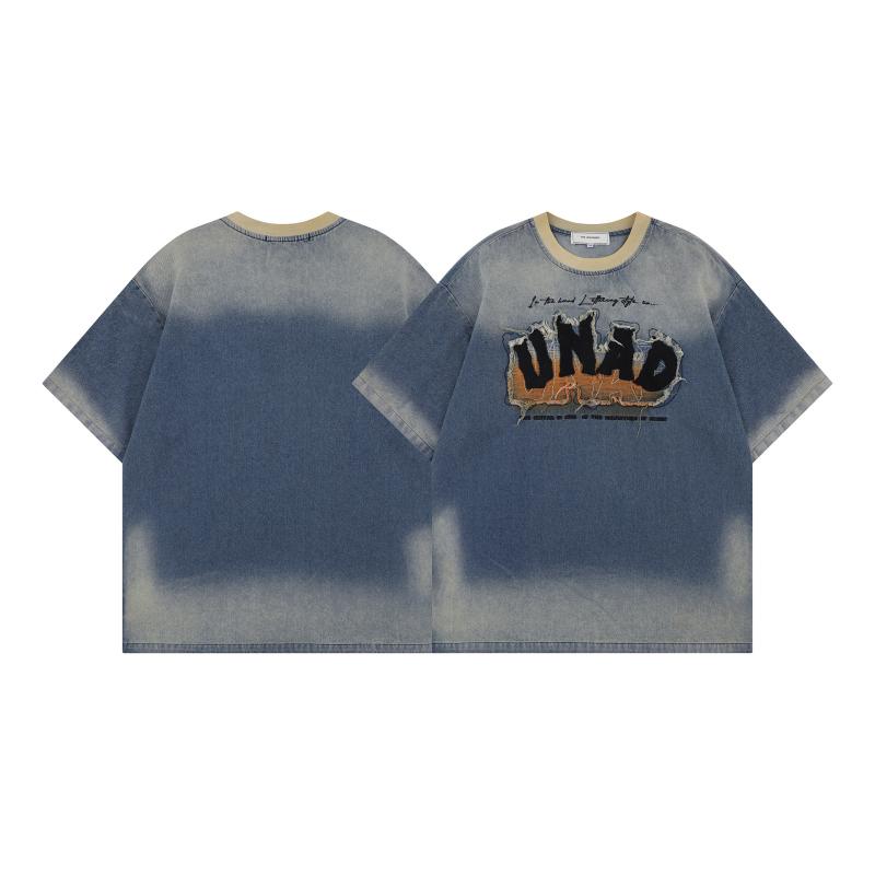Tシャツ メンズ 男性用 春夏 アメカジ ストリート レトロ デニム ヘビーウェイト ウォッシュ加工 刺繍 半袖 クルーネック ゆったり コットン ブルー カットソー 普段使い