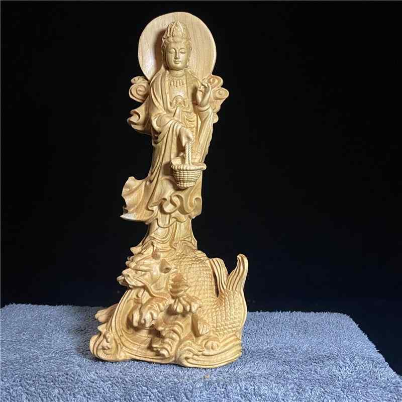 仏像 観音菩薩 滴水観音 瑞獣 ?魚 黄楊木彫り 飾り付け 細かく 木彫像 開運 縁起物 風水 魔除け 厄除け 心うれしい 招福 癒し 室内装飾オブジェ 卓上飾り付け 仏具 芸術芸術品 その他-インテリア小物・置物