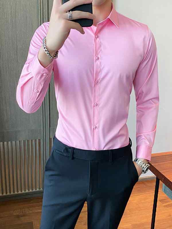 シャツ メンズ 男性用 オールシーズン 長袖 ワイシャツ 襟付き スリム 細身 無地 大きいサイズ 高品質 韓国ファッション ビジネス オフィス 通勤 ワーク ポリエステル 形態安定 ホワイト ブラック ダークグレー