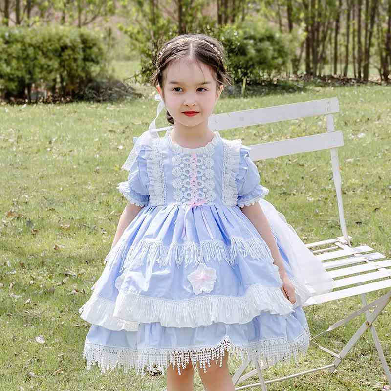 ワンピース 女の子 キッズ 子供 ガールズ ロリータ風 プリンセス風 半袖 ボリューム ティアードスカート レース コットン かわいい 夏 パーティー 発表会 普段使い ブルー 青