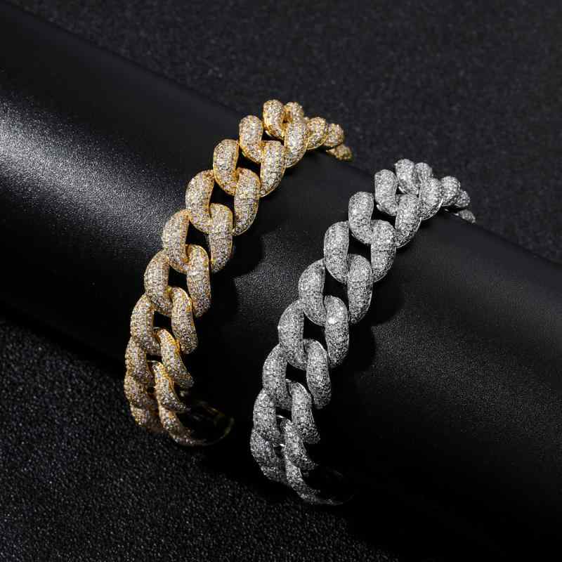 ブレスレット メンズ 男性用 ヒップホップ ストリートファッション 15mm ジルコニア パヴェ キューバンチェーン 喜平チェーン ゴールドカラー シルバーカラー 銅製 個性的 存在感 重厚感 カジュアル 腕輪