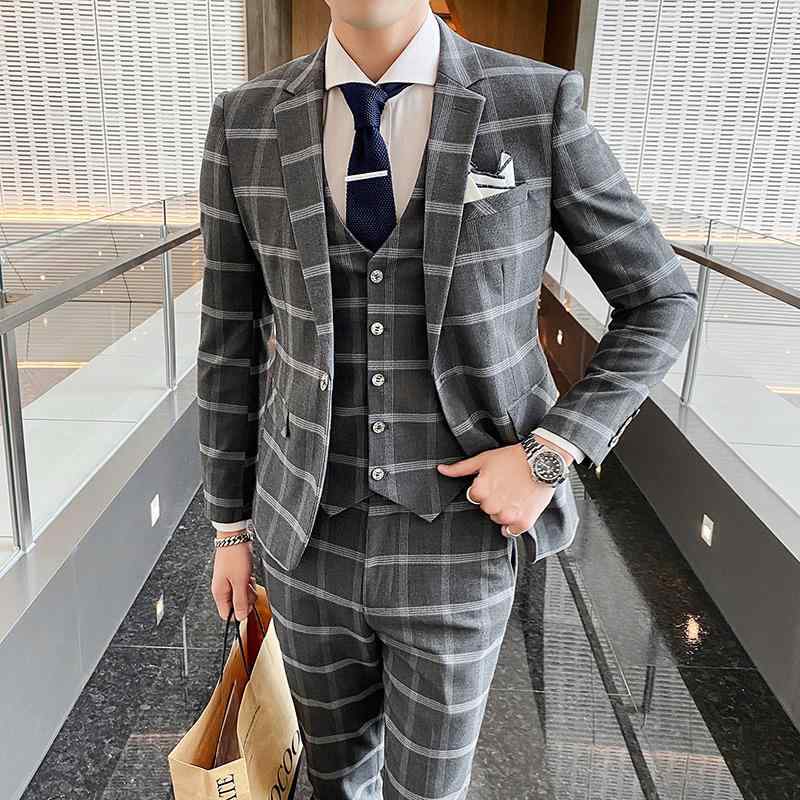 スーツ 男性用 スリムフィット スリーピース 韓国風 チェック柄 シングルブレスト 1つボタン ビジネス フォーマル 結婚式 パーティー コットン アセテート混紡 グレー系
