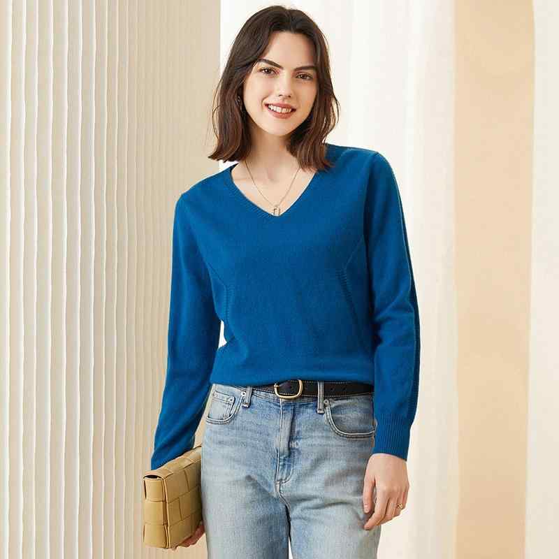 編み物 レディース 100% カシミール Vのど首 ティーシャツ 長袖 分かりやすい 窈窕たる ゆったり 着回し 通い 事務所 心地好い 御前上等感 時間 トップス-レディースファッション-セーター