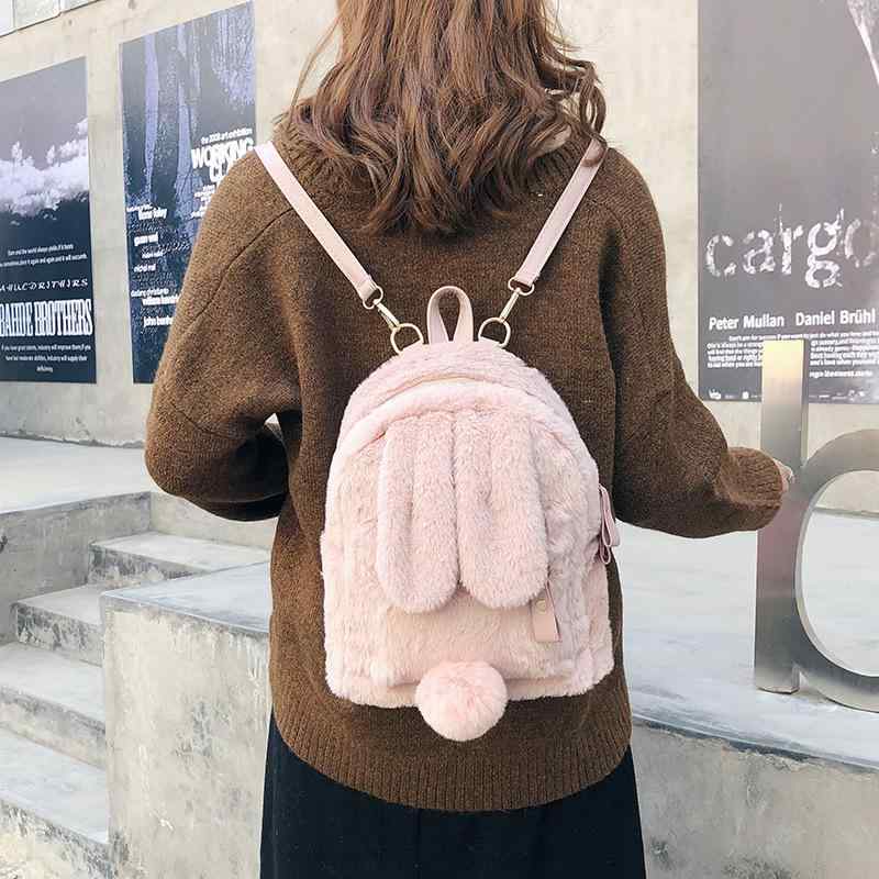 リュック レディース うさ耳 ぬいぐるみ風 もこもこ ファー かわいい キュート 原宿系 学生 通学 スクールバッグ デイパック バックパック ピンク ブラック グレー ライトブラウン 軽量 丈夫 クッションショルダー A4収納 切り替えデザイン