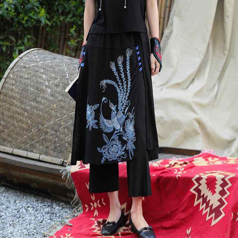 ワイドパンツ レディース 民族風 エスニック レトロ 花柄 刺繍 ジャガード織り ハイウエスト アシンメトリー 9分丈 綿麻 コットンリネン スカンツ 通勤 オフィス 春夏 ブラック ネイビー