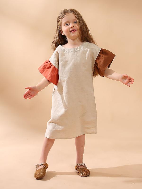 ワンピース 女の子 キッズ 子供服 綿麻 リネンブレンド 切り替え バイカラー フリルデザイン 半袖 ロング丈 ナチュラル リラックス カジュアル 春夏 普段使い ベージュ