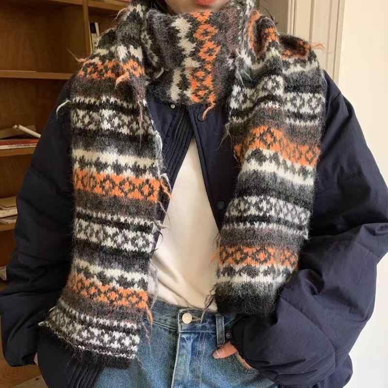 マフラー レディース フェアアイル柄 ジャカード織り ニット アクリル 毛糸 保温 防寒 あったか 首元保護 高級感 レトロ クラシック エスニック 秋冬 万能 ミドル丈