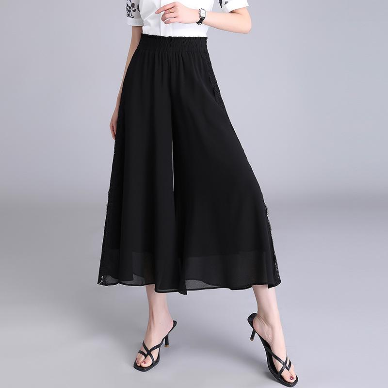 レディース パンツ スカート見え フレアワイドパンツ 黒 ウエストゴム ドレープ感 細見え 着痩せ 薄手 伸縮性 クロップド丈 シンプル エレガント 通勤 オフィス カジュアル ポリエステル 春夏