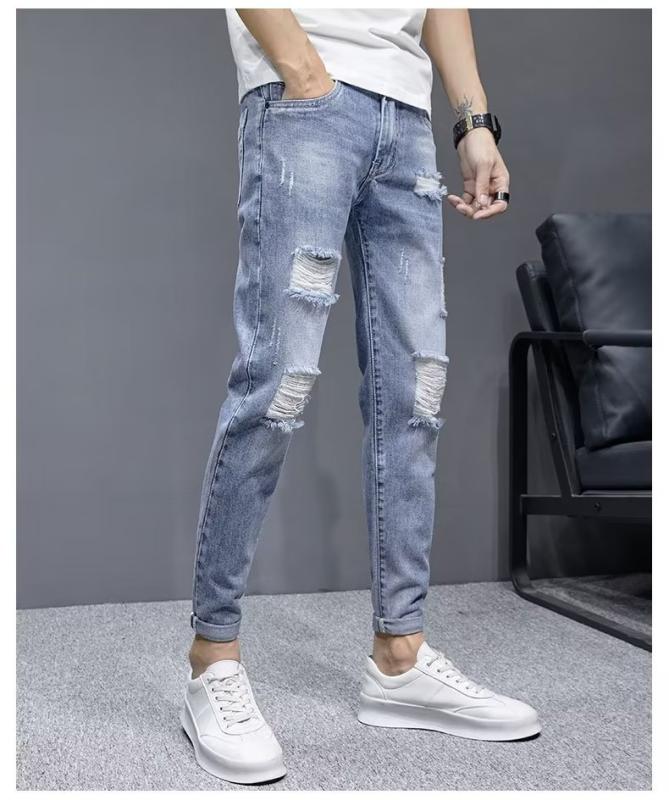 デニムパンツ メンズ ダメージ加工 クラッシュ 九分丈 スリム テーパード ウォッシュ加工 ミッドウエスト カジュアル 普段使い ストリート系 オールシーズン ブルー