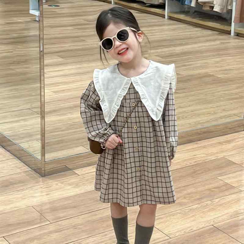 ワンピース 女の子 ガールズ 韓国風 春秋 薄手 軽量 ブラウン 茶色 チェック柄 フリル襟 長袖 プリンセスドレス クラシカル 上品 お出かけ 通園用 綿 コットン