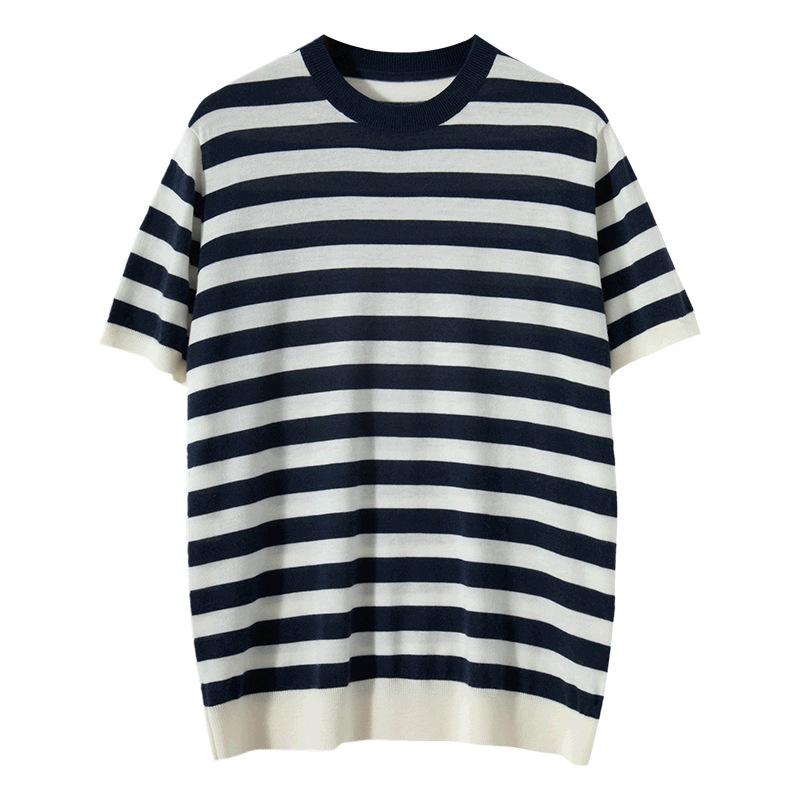 カシミヤニット メンズ 半袖 丸首 クルーネック 100%ピュアカシミヤ 秋冬 薄手 精紡 ボーダー ストライプ 普段使い カジュアル 韓国風 ブルー ホワイト 15,645円