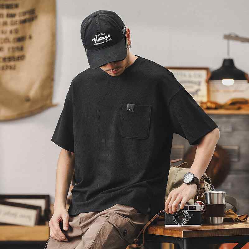 Tシャツ メンズ 280g ヘビーウェイト 厚手 綿 コットン ワッフル クルーネック 半袖 ゆったり ビッグシルエット トレンド ストリート カジュアル 普段使い 抗菌 夏 黒 ブラック