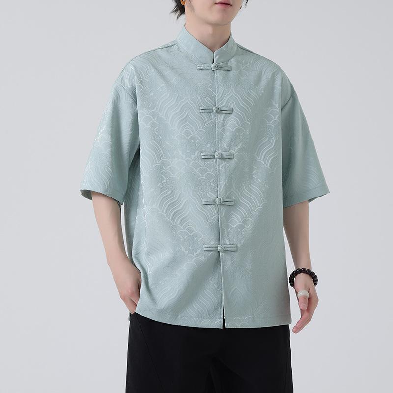 シャツ メンズ 春夏 中国風 ネオチャイナ チャイナ服 飾りボタン 半袖 スタンドカラー ゆったり ビッグシルエット 接触冷感 リネン素材 洗える ウォッシャブル カジュアル 普段使い 格子柄 ホワイト ライトブルー