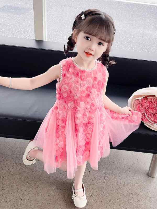 ワンピース 女の子 子供 夏 韓国風 ファッション おしゃれ かわいい ローズ 花びら フラワー リボン バックオープン チュール Aライン コットン ピンク ドレス
