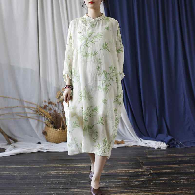 ワンピース レディース 春夏 ロング丈 Aライン スタンドカラー ドルマンスリーブ ゆったり 体型カバー ラミー麻 竹の葉柄 総柄 デジタルプリント ヴィンテージ レトロ カジュアル 改良チャイナドレス｜ふんわり暮らし鞄店