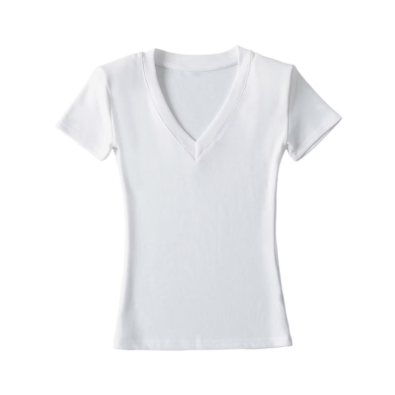 Tシャツ レディース セクシーVネック スリムフィット 半袖 肩パッド入り クロップド丈 夏 アメリカンスタイル ギャル系 甘辛MIX 欧米風 ニット 伸縮性 トップス