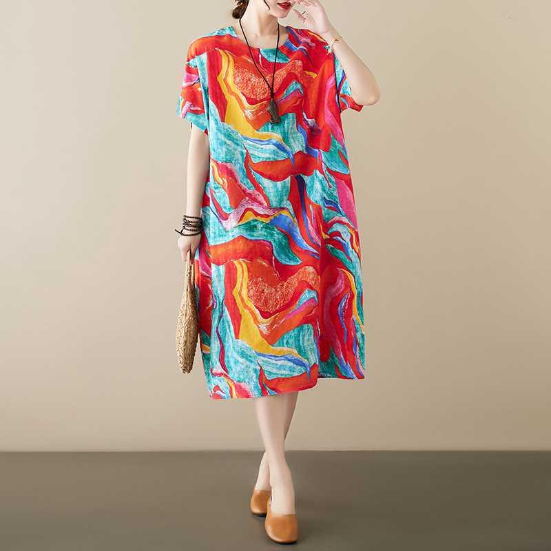 ワンピース レディース ぽっちゃりさん向け 夏 綿麻 切り替え Aライン ラウンドネック 半袖 レトロ 花柄 エレガント カジュアル ミディ丈 レッド