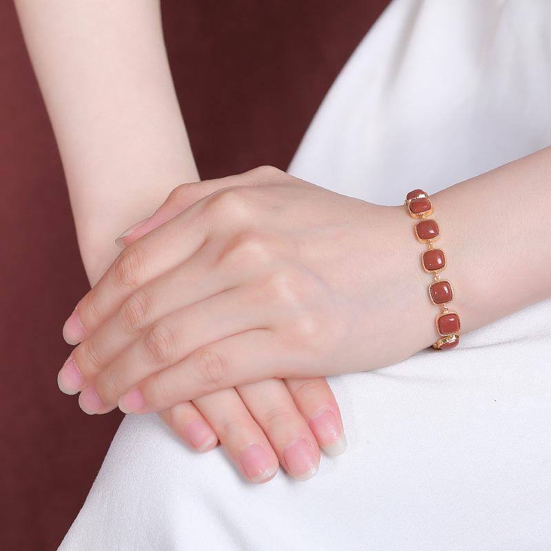 ブレスレット ユニセックス S925純銀 金メッキ 南紅瑪瑙 宝石 レトロ クラシック 上品 エレガント 幾何学 スクエア 四角 個性的 普段使い デイリーユース