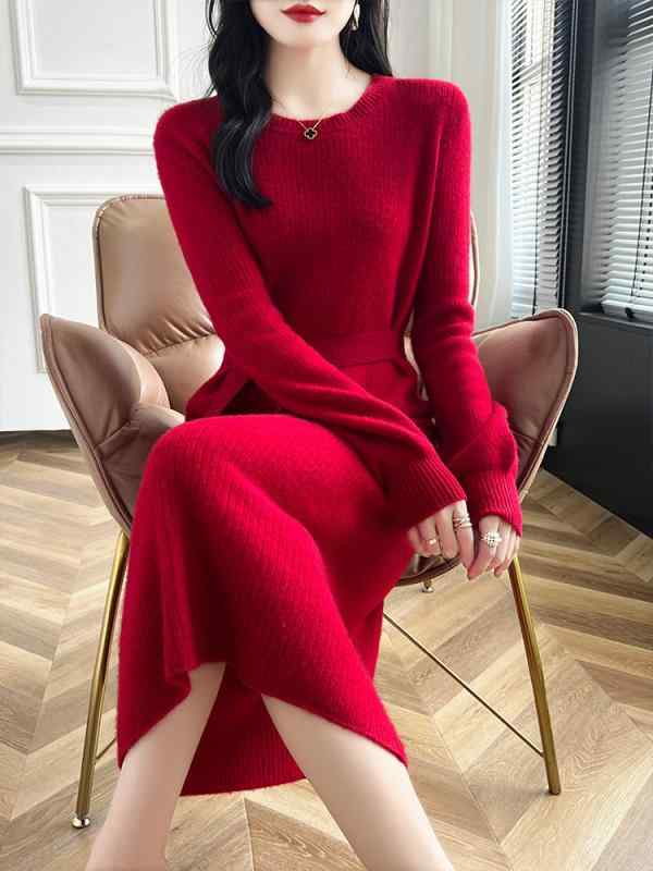 ニット レディース 秋冬 ゆったり オーバーサイズ ロング丈 マキシ丈 ウール クルーネック 長袖 ワンピース ドレス 厚手 エレガント きれいめ 通勤 オフィス フレンチスタイル ウエストマーク ベルト付き