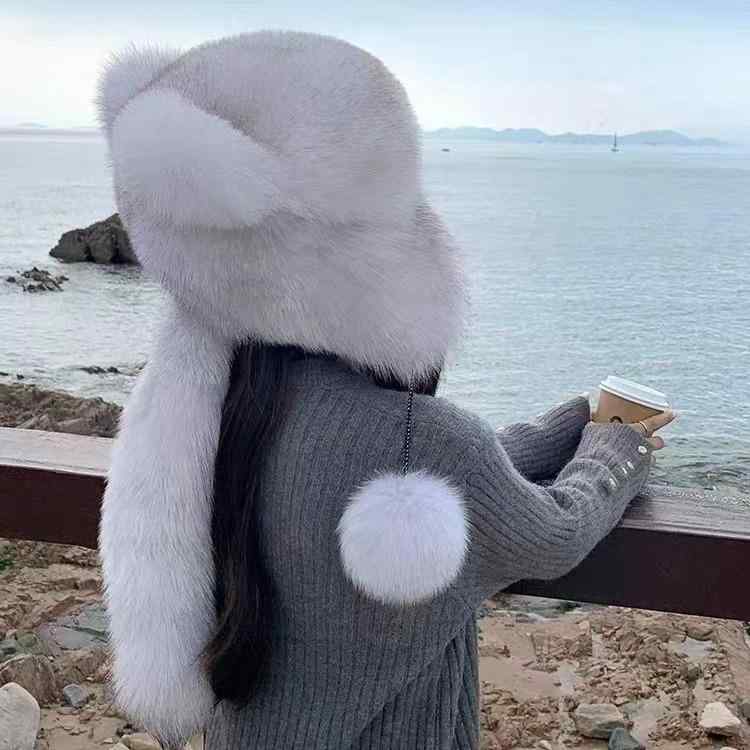 フライトキャップ ロシアン帽 パイロットキャップ 防寒 耳当て フォックスファー リアルファー 暖かい 冬 小さな耳付き しっぽデザイン ボリューム感 アウトドア スキー