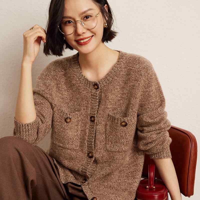カーディガン レディース 女性用 クルーネック カシミヤ 厚手 メランジ レトロ ゆったり オーバーサイズ 上品 きれいめ 通勤 オフィス 羽織り 秋冬|ふんわり暮らし鞄店