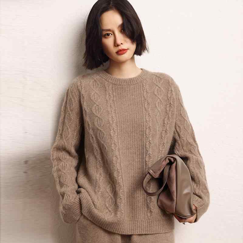 ニット セーター レディース 秋冬 カシミヤ ゆったり ショート丈 ラウンドネック 厚手 あったか ケーブル編み 総柄 リラックス カジュアル トップス