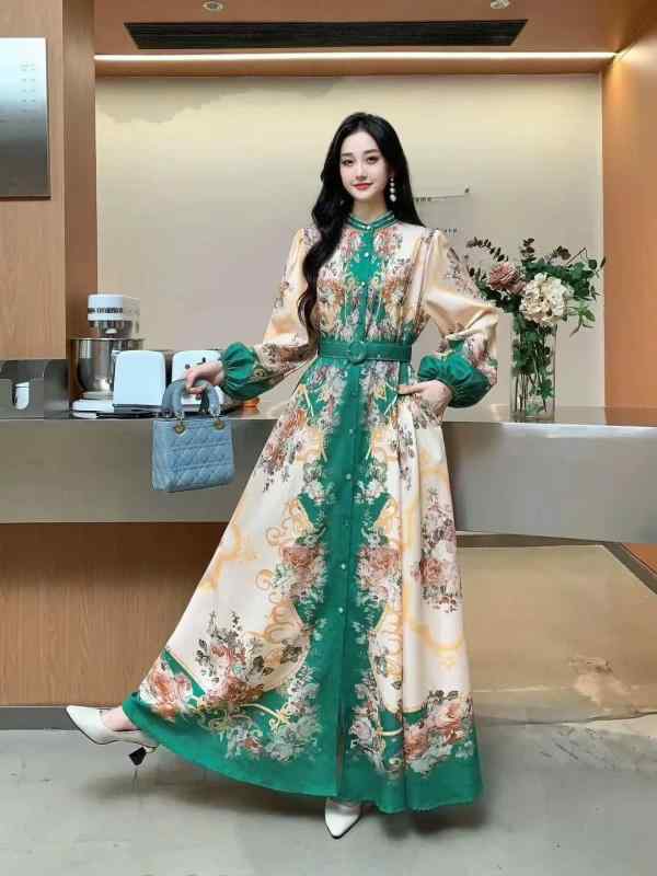 ワンピース レディース 秋 シフォン素材 チャイナ風 レトロ ヴィンテージ 花柄 プリント 長袖 ウエストマーク 細見え 着痩せ 上品 エレガント ミディ丈 通勤スタイル