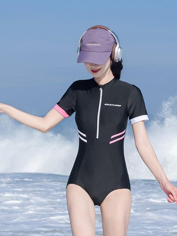 水着 レディース ワンピース 半袖 ラッシュガード 無地 速乾 日焼け防止 UVカット スリムフィット 体型カバー 着痩せ効果 マリンスポーツ 海 プール ビーチ スイムウェア 春夏 ナイロン スパンデックス ブラック パープル